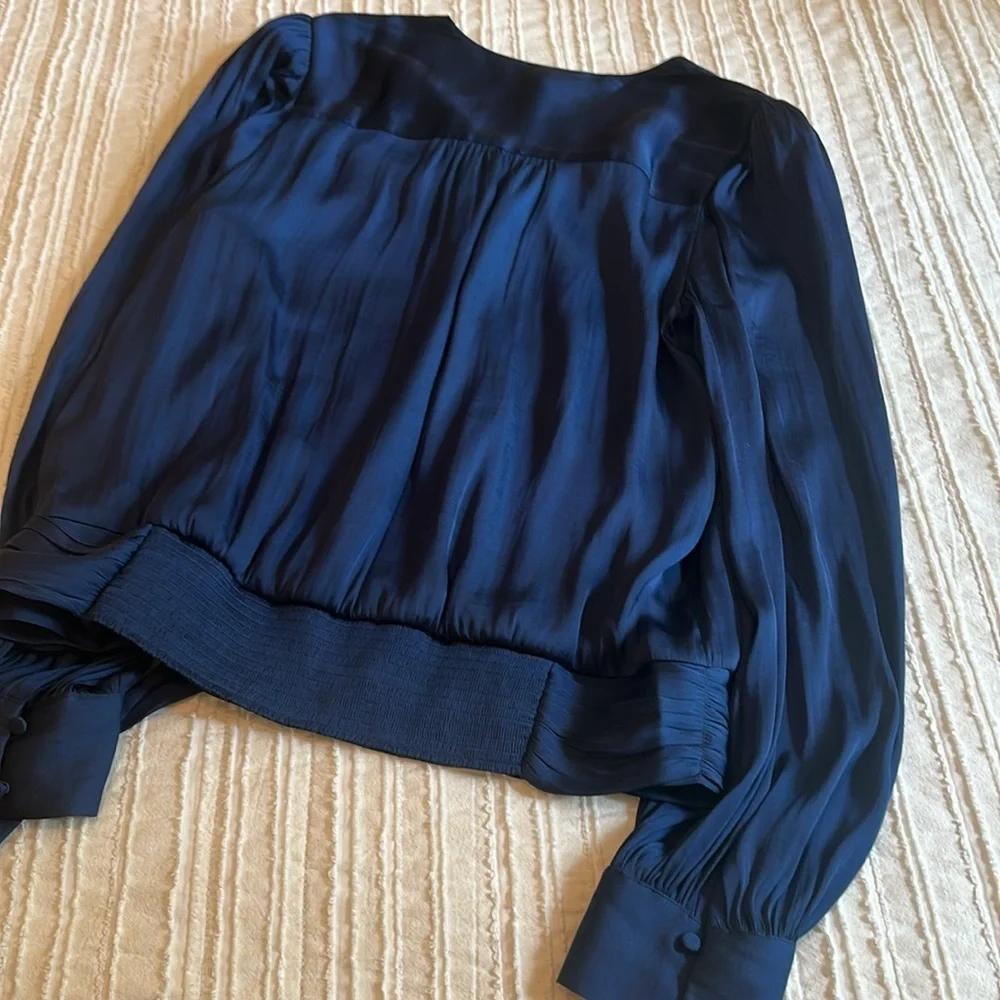 Banana Republic Medium Tall Satin Wrap Top Navy Sash Waist Puff sleeve